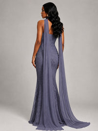 Pleated Chiffon Lace Prom Dresses Long Bodycon Mermaid with Scarf