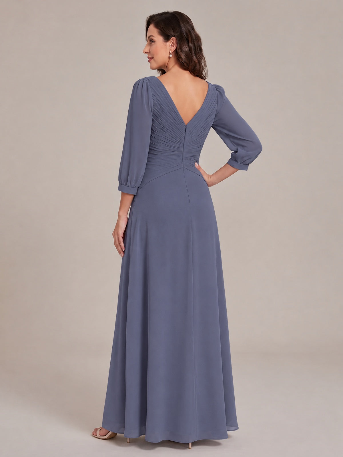 V-Neck Pleated Chiffon Mother of the Bride Dress with Flutter Sleeves