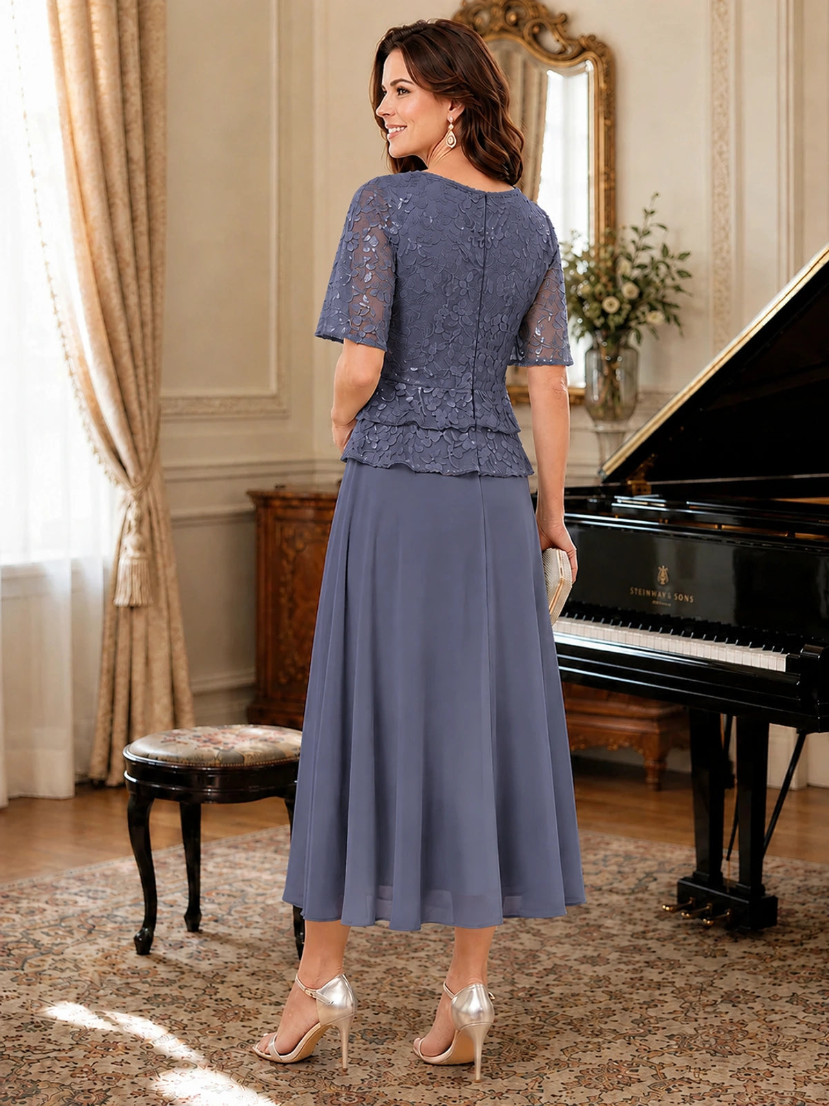 Tea-Length Chiffon Mother of the Bride Dress with Sequin Lace Sleeves