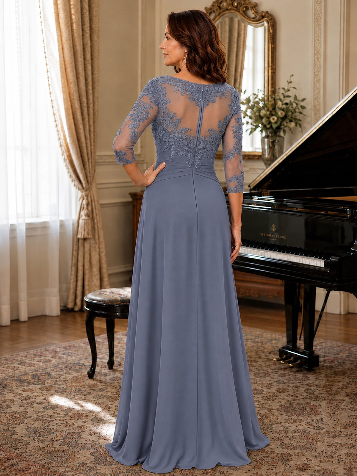 A-Line Chiffon Mother of the Bride Dress with Floral Applique 3/4 Sleeves
