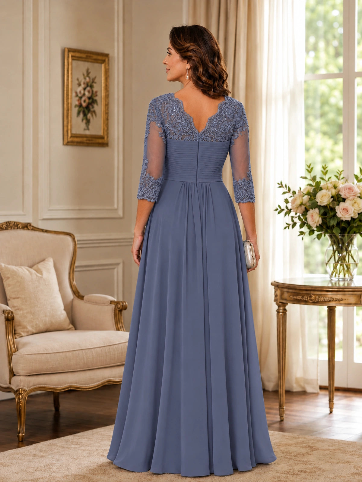 Chiffon Lace Applique Mother of the Bride Dress with 3/4 Sleeves