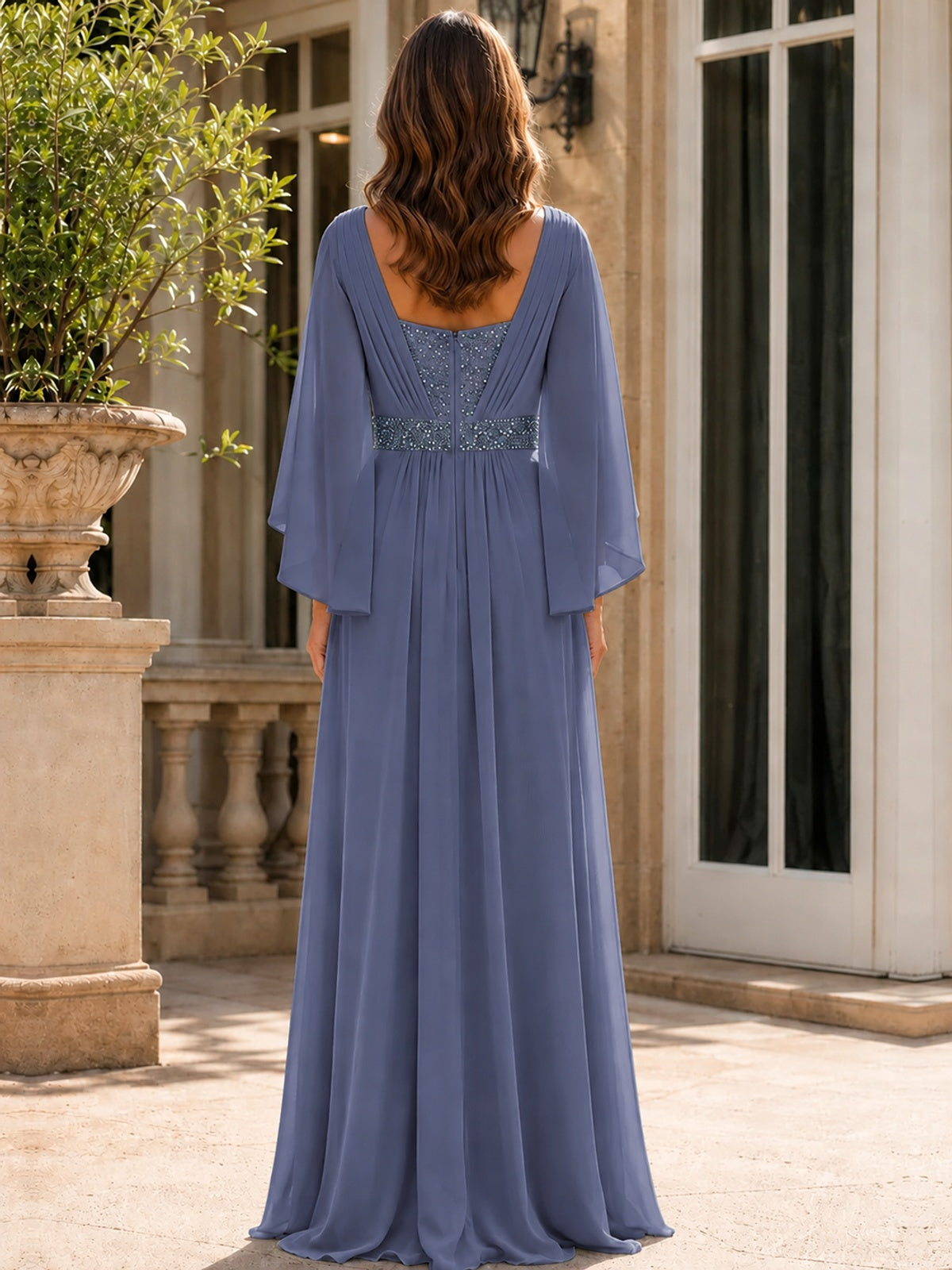 Elegant V-Neck Sequined Chiffon Mother of the Bride Dress with Flutter Sleeves