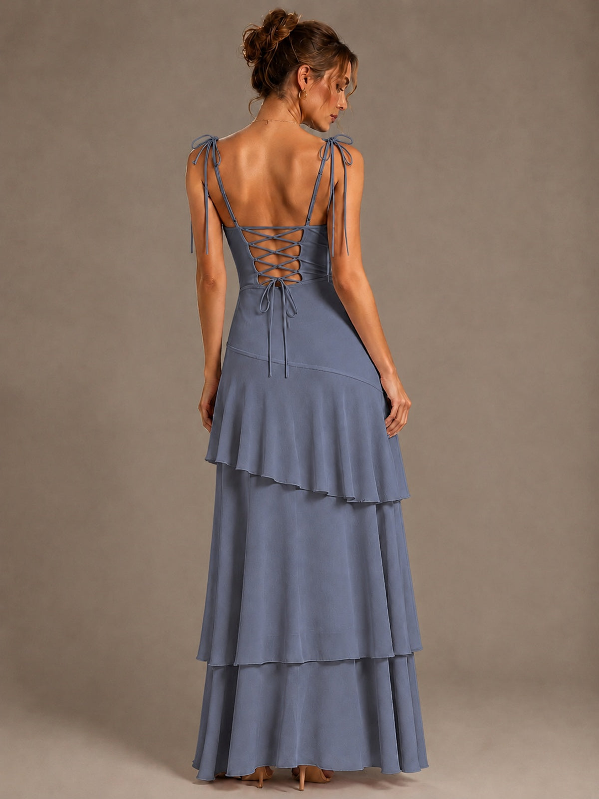 Spaghetti Strap Tiered Ruffles Chiffon Prom Dress