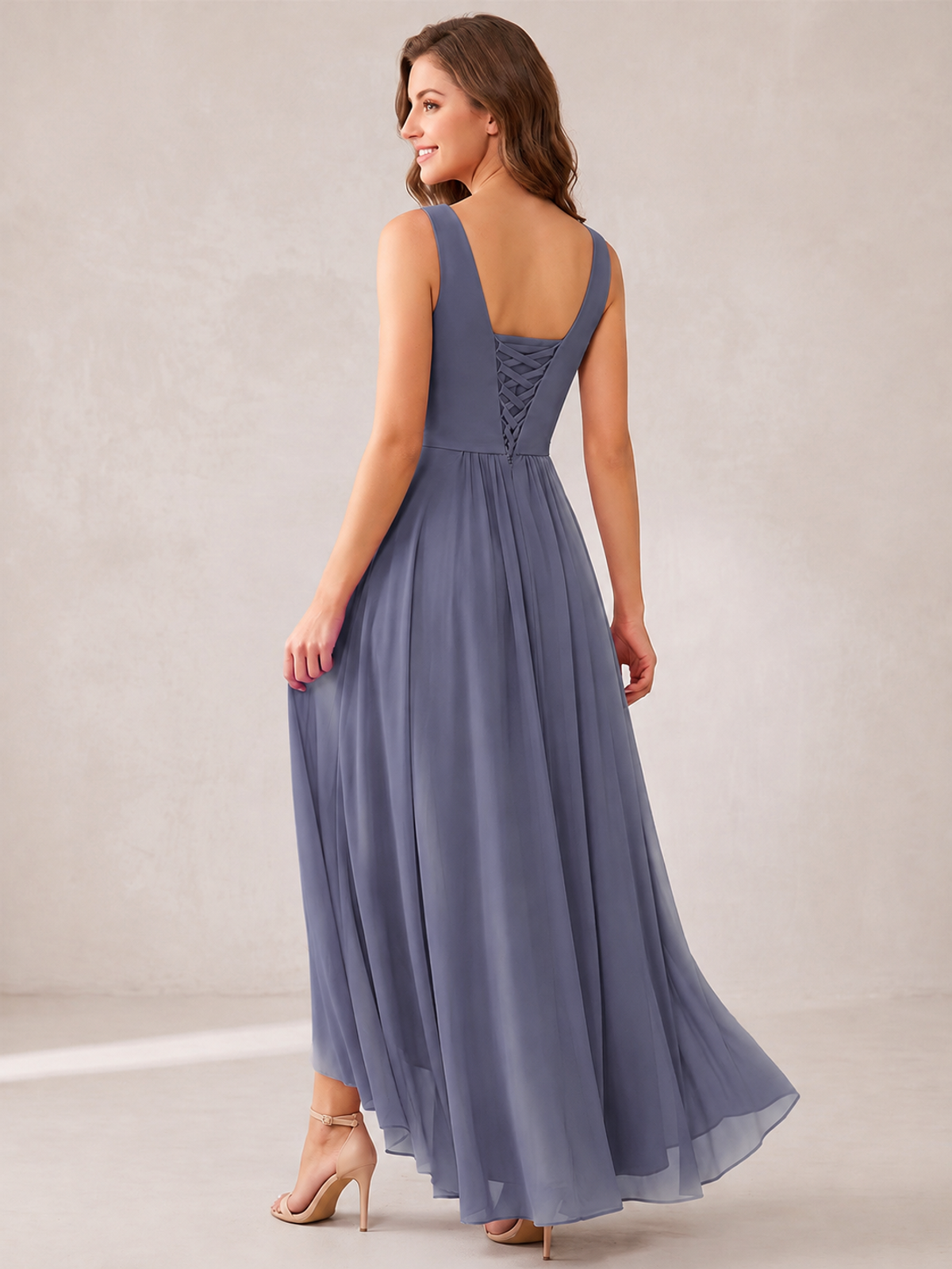 V-Neck High-Low Chiffon Bridesmaid Dress with Ruffles