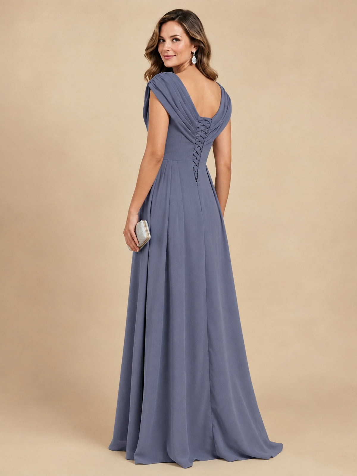 V Neck Pleated Mother of The Bride Dresses with Beading Cap Sleeves