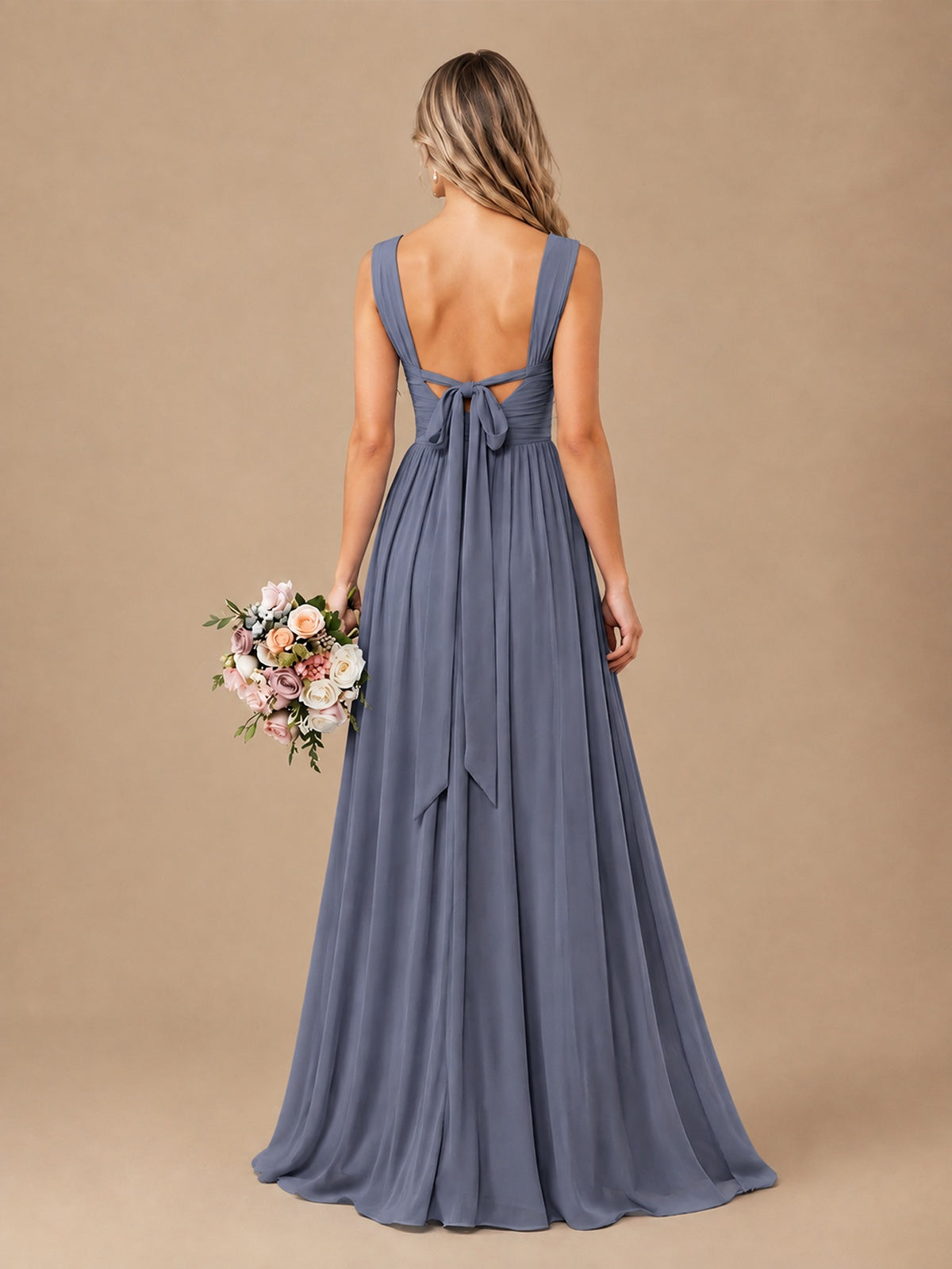 Pleated Chiffon V Neck Wedding Bridesmaid Dresses Floor Length with Slit