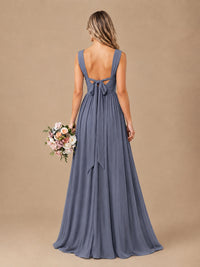 Pleated Chiffon V Neck Wedding Bridesmaid Dresses Floor Length with Slit