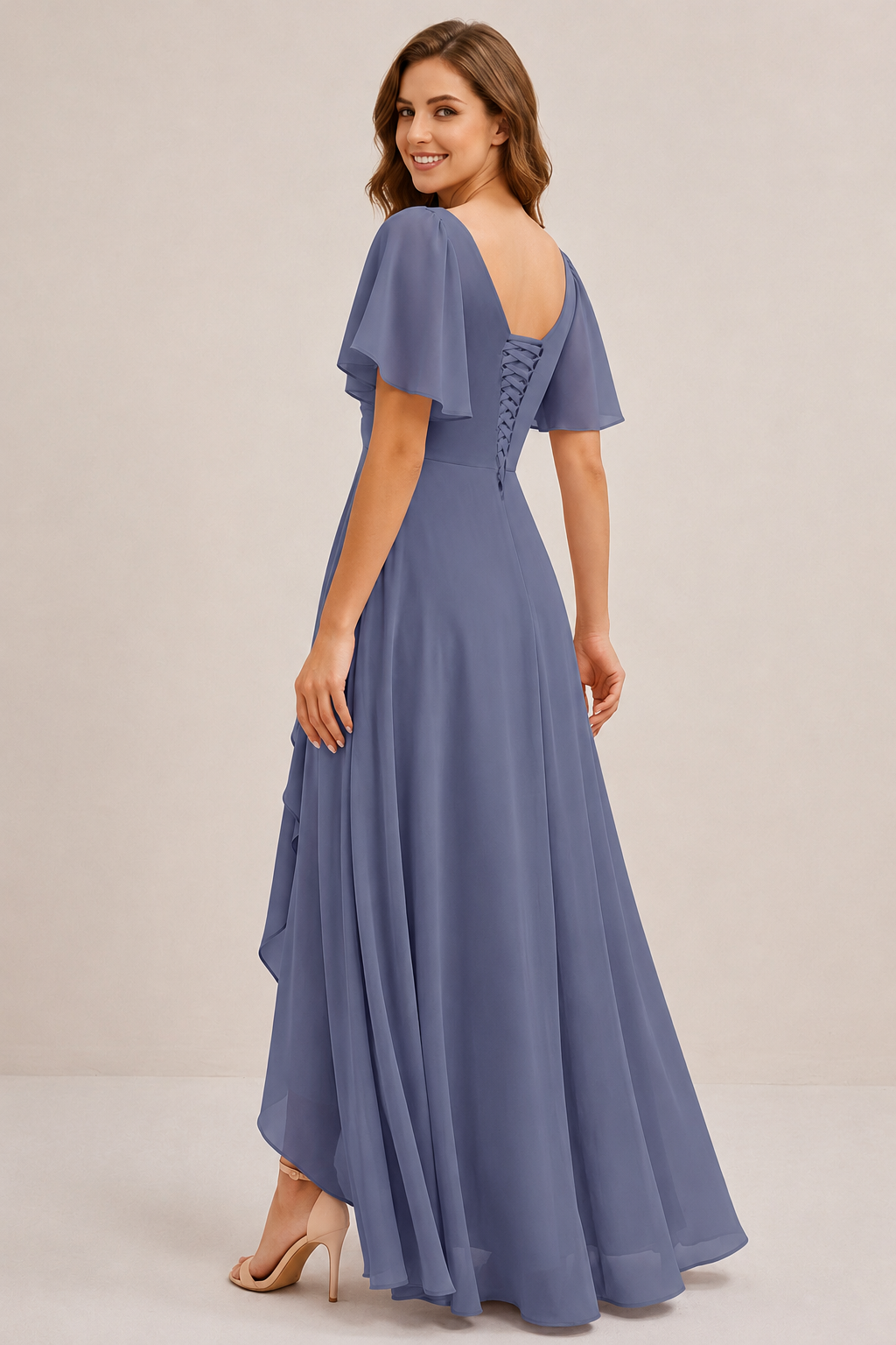 Dusty Blue Chiffon Bridesmaid Dress with Flutter Sleeves & High-Low Hem