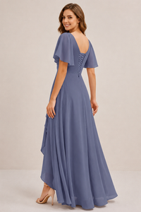 Dusty Blue Chiffon Bridesmaid Dress with Flutter Sleeves & High-Low Hem