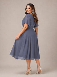 Navy Blue A-Line V-Neck Tea-Length Mother of the Bride Dress