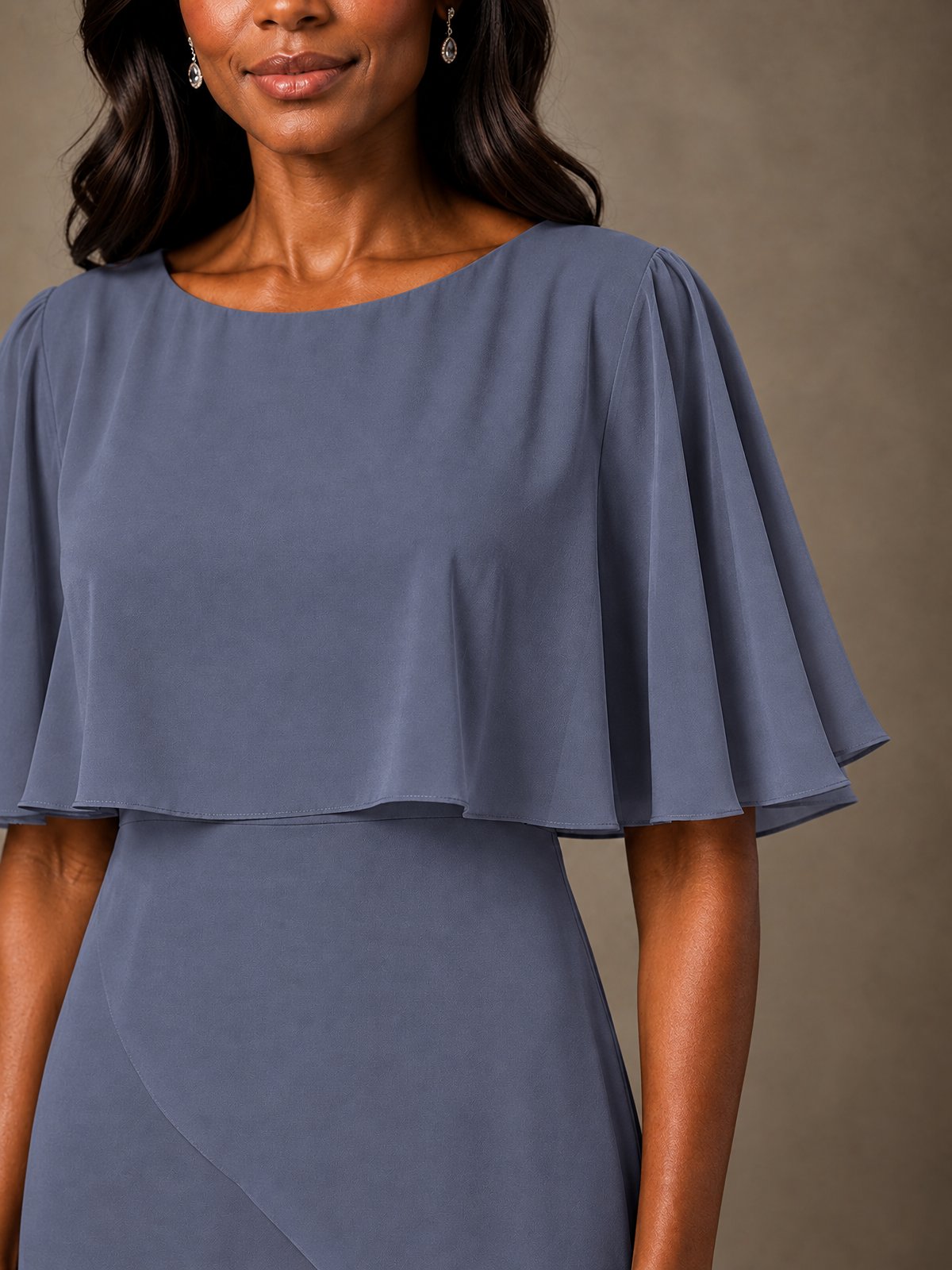 Taupe Chiffon A-Line Mother of the Bride Dress with Cape Sleeves