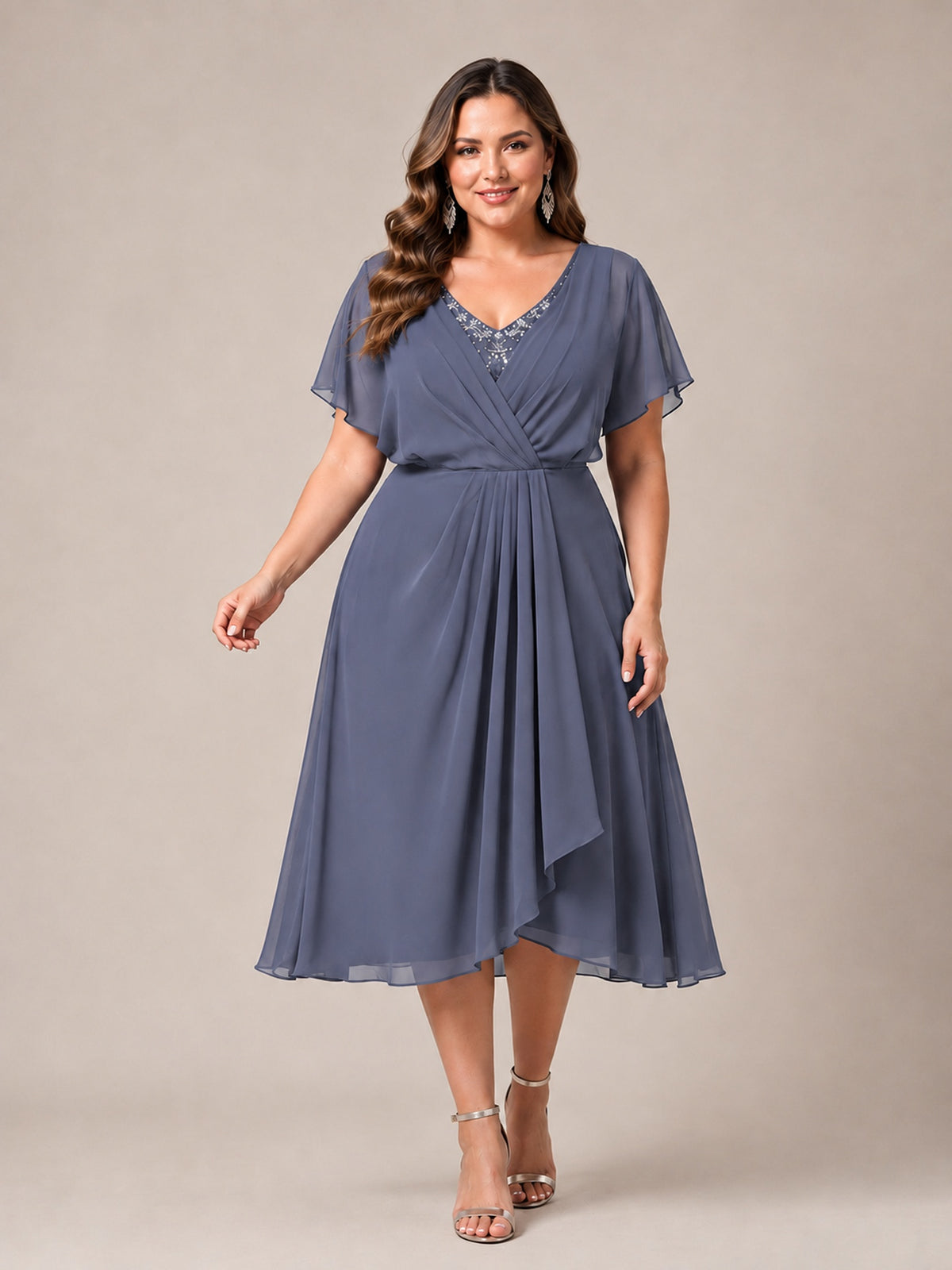 Navy Blue A-Line V-Neck Tea-Length Mother of the Bride Dress