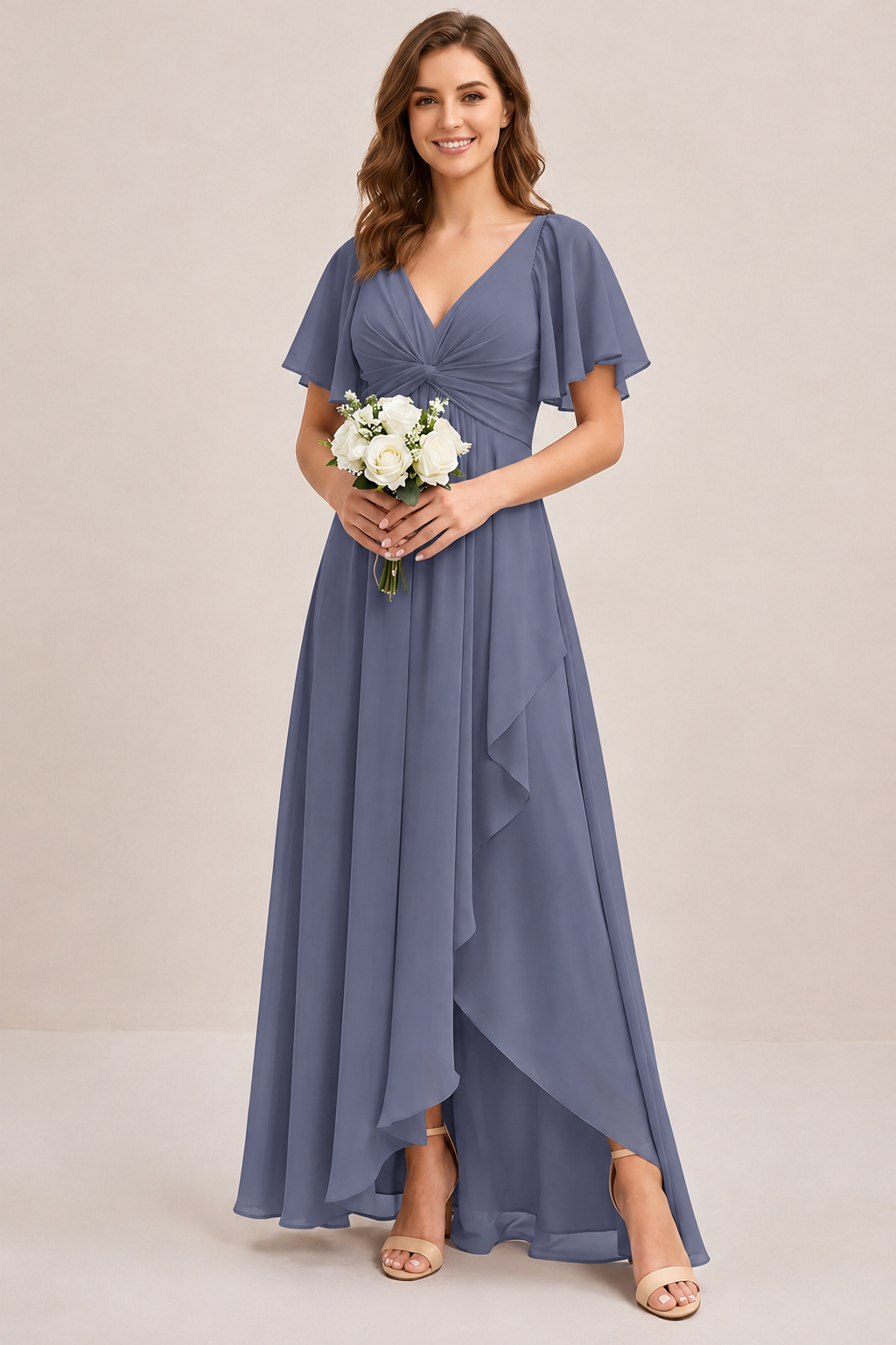 Dusty Blue Chiffon Bridesmaid Dress with Flutter Sleeves & High-Low Hem