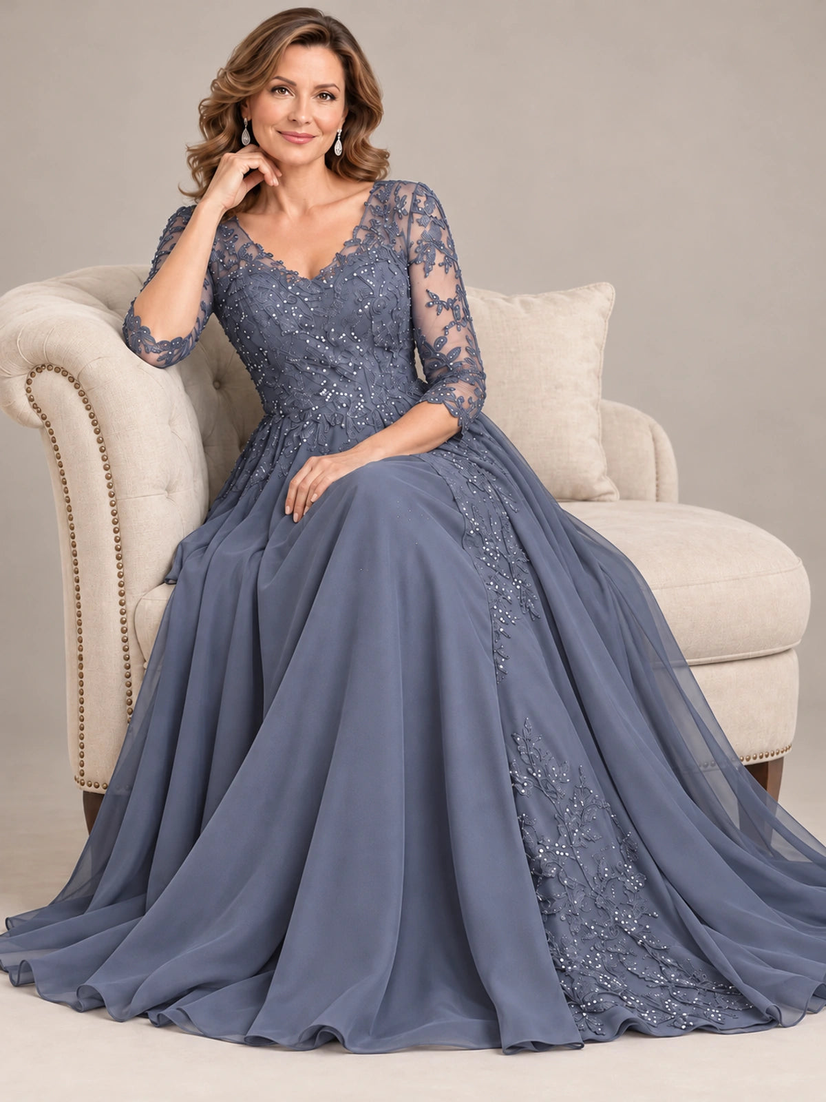 Sequin Lace A-Line Mother of the Bride Dress with 3/4 Sleeves