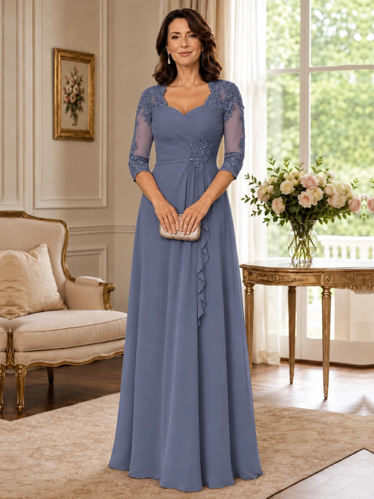 Chiffon Lace Applique Mother of the Bride Dress with 3/4 Sleeves