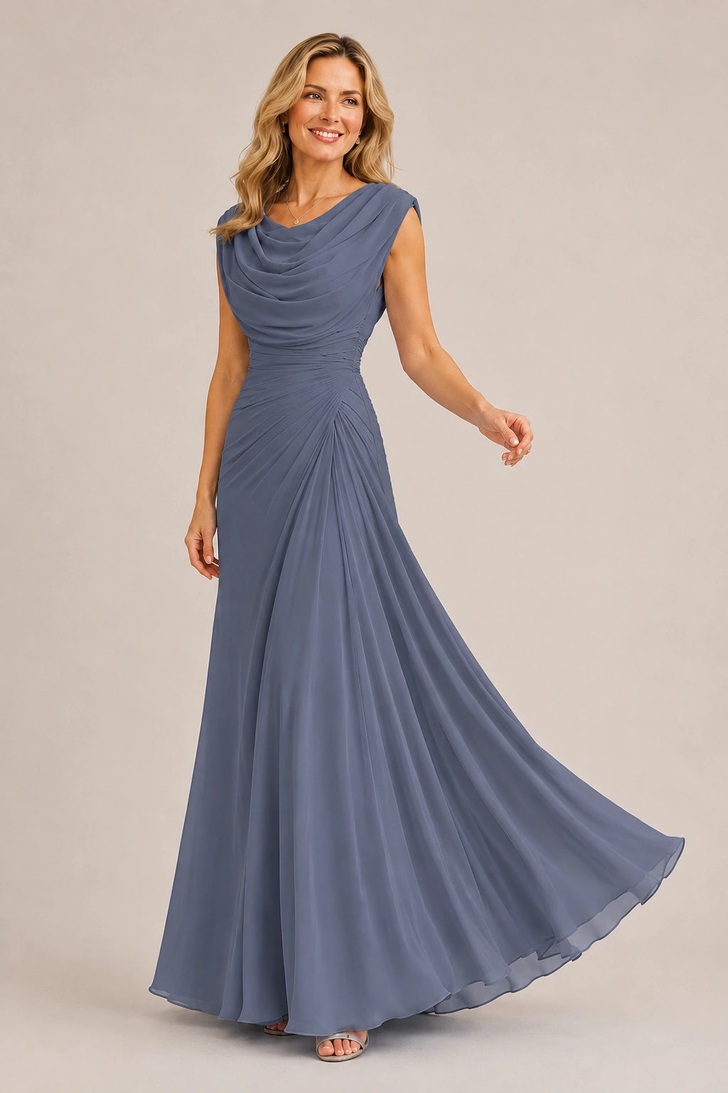 Cowl Neck Ruched Chiffon Mother of the Bride Dress