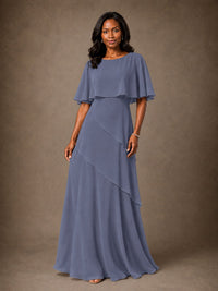Taupe Chiffon A-Line Mother of the Bride Dress with Cape Sleeves
