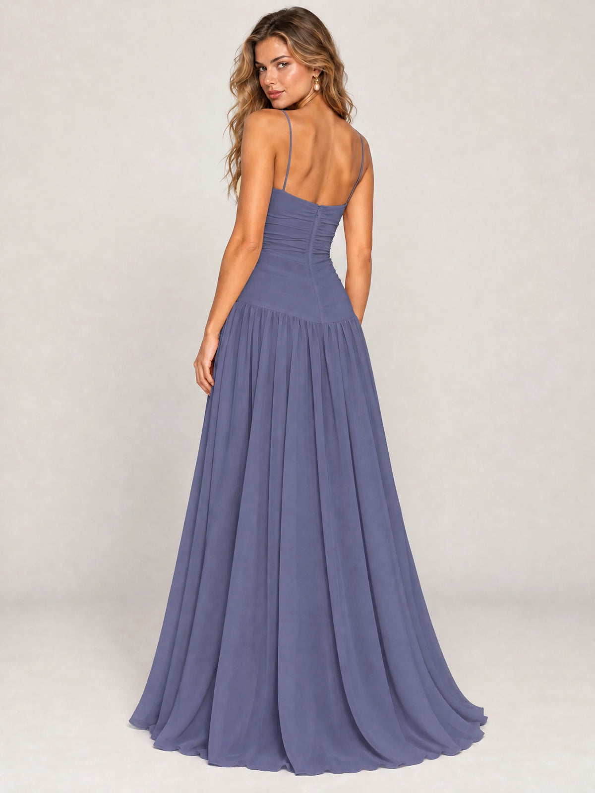 Butter Yellow Ruched Spaghetti Strap Drop-Waist Prom Dress