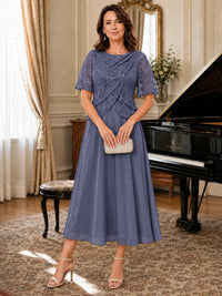 Tea-Length Chiffon Mother of the Bride Dress with Sequin Lace Sleeves