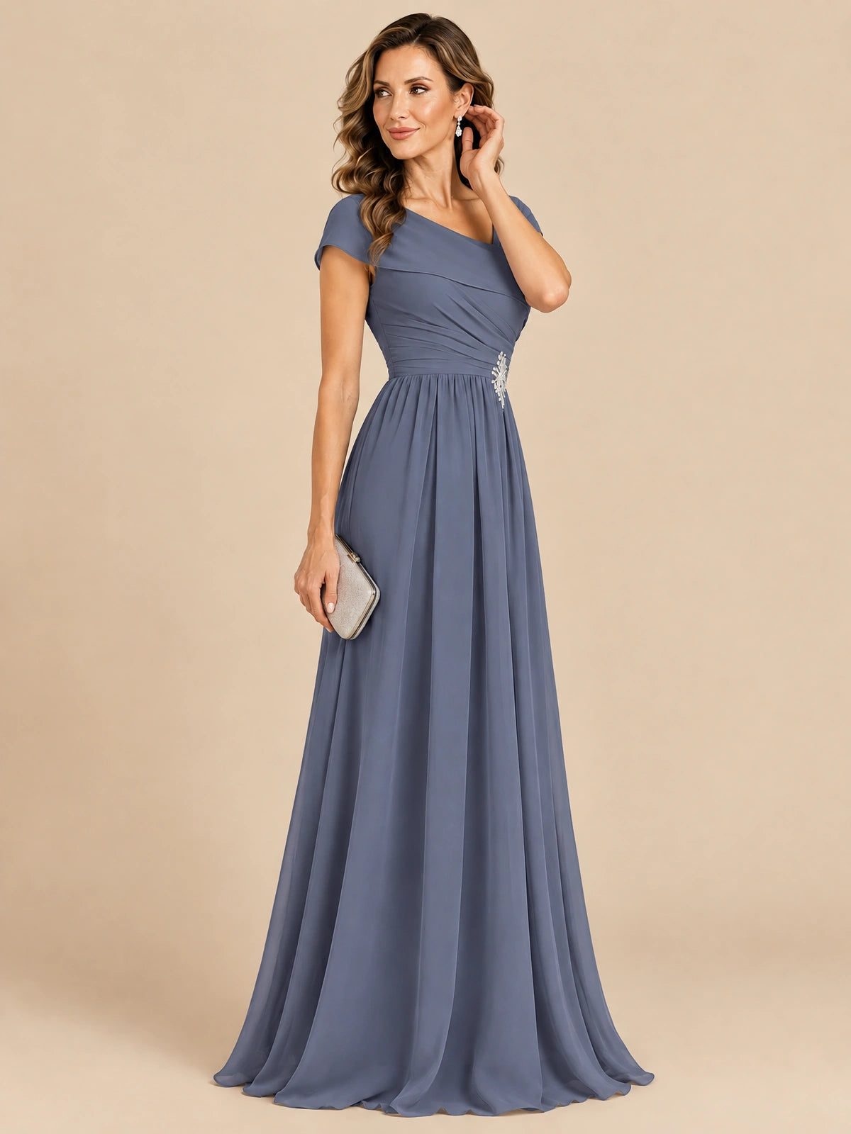 Cap Sleeve Mother of The Bride Dresses Long Chiffon Formal Gowns
