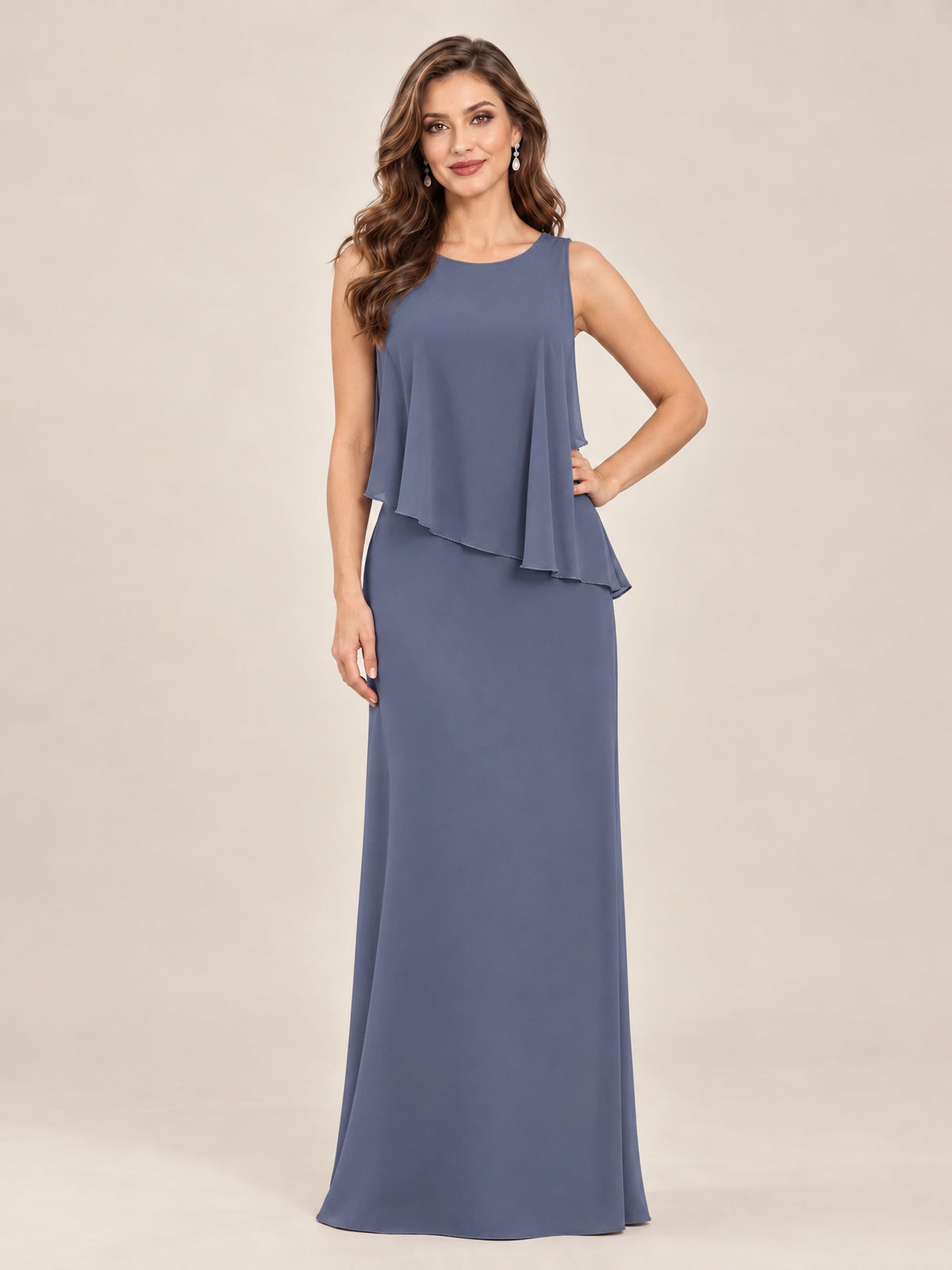 Cape Sleeve Mother of the Bride Dress with Asymmetrical Overlay