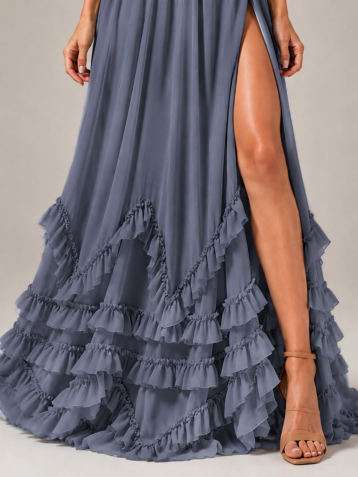 Halter V Neck Chiffon Formal Dress with Lace-Up Back and Ruffle Hem