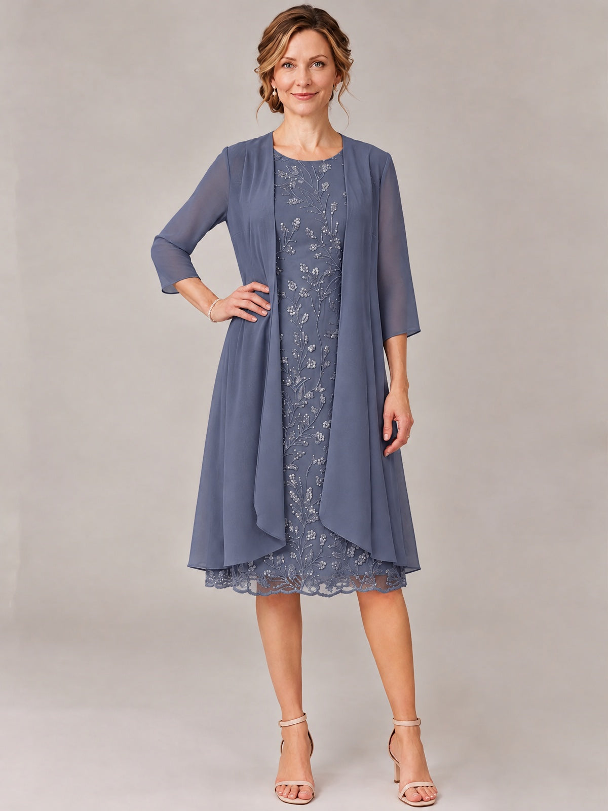 Tea Length Sequin Lace Mother of The Bride Dress with Chiffon Jacket
