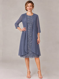 Tea Length Sequin Lace Mother of The Bride Dress with Chiffon Jacket