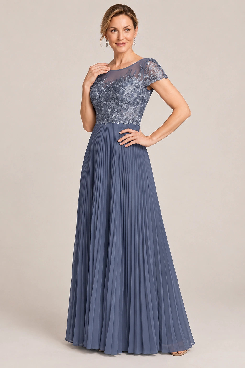 Embroidered Lace Pleated Mother of the Bride Dress