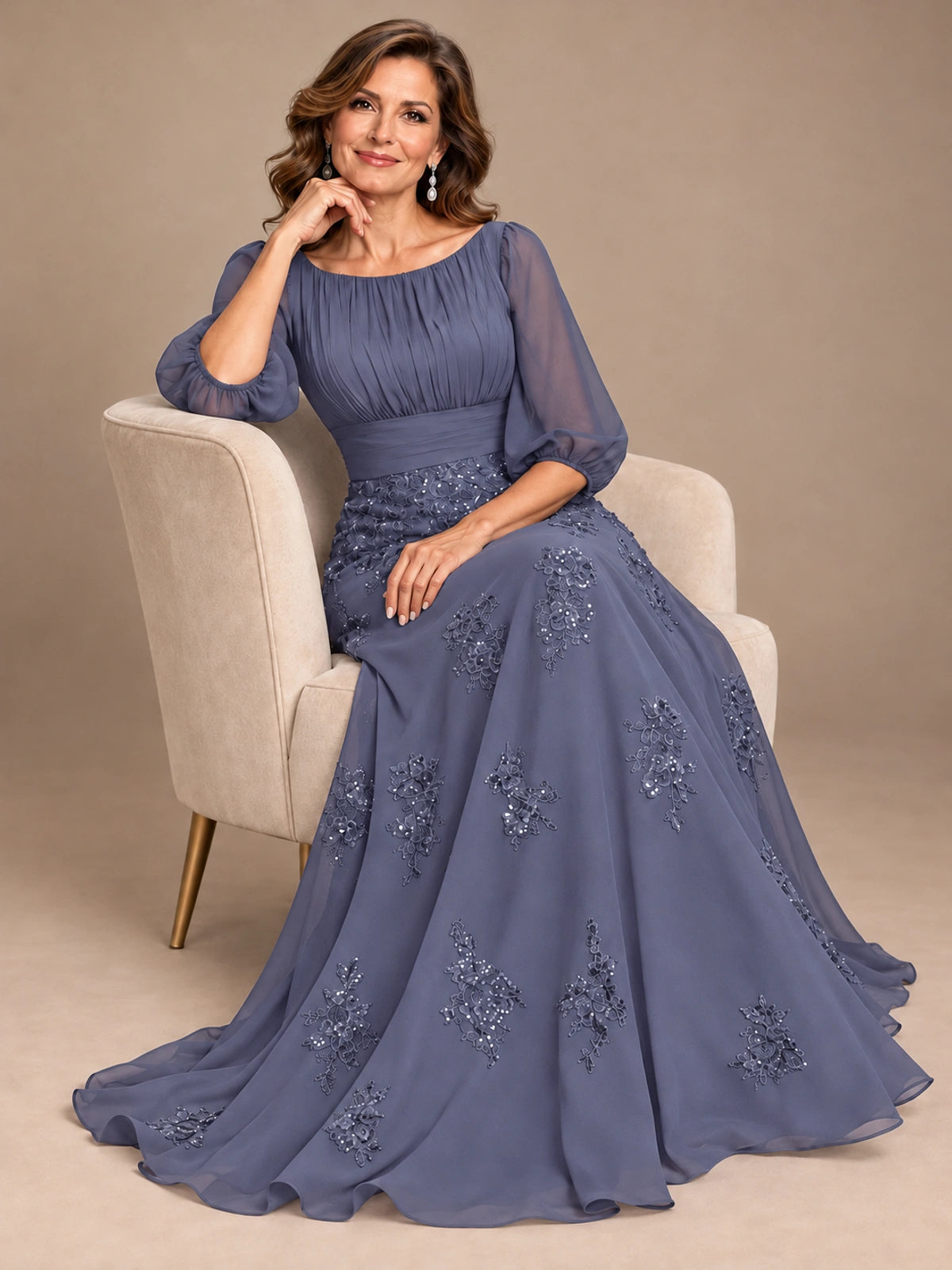 A-Line Mother of the Bride Dress with Sheer Puff Sleeves