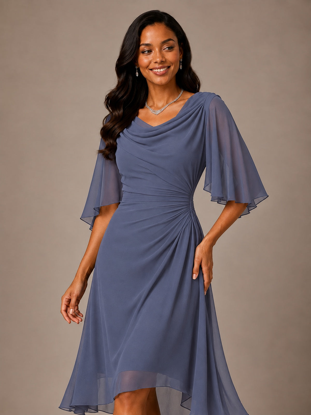 Cowl Neck Ruched Chiffon Mother of the Bride Dresses with Flutter Sleeves