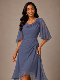 Cowl Neck Ruched Chiffon Mother of the Bride Dresses with Flutter Sleeves