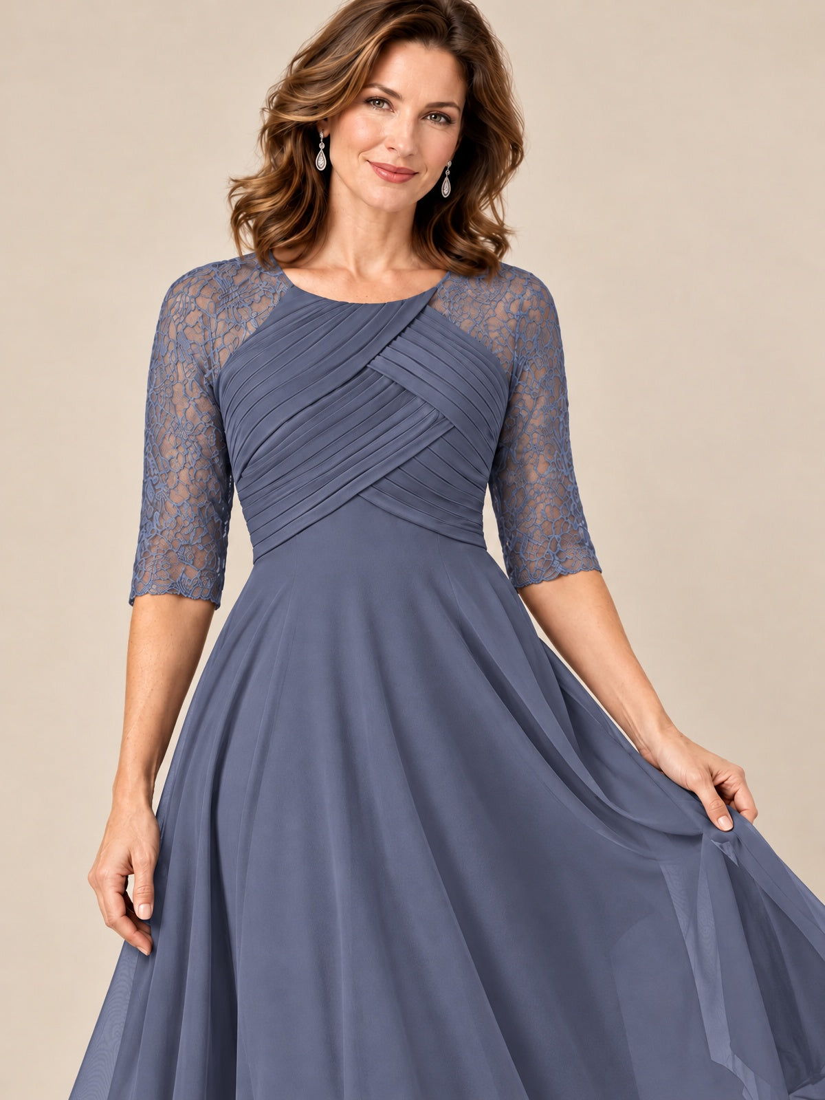Tea-Length Mother of the Bride Dress with Lace 3/4 Sleeves