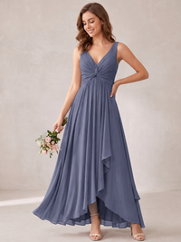V-Neck High-Low Chiffon Bridesmaid Dress with Ruffles