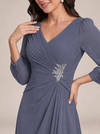 V-Neck Pleated Chiffon Mother of the Bride Dress with Flutter Sleeves