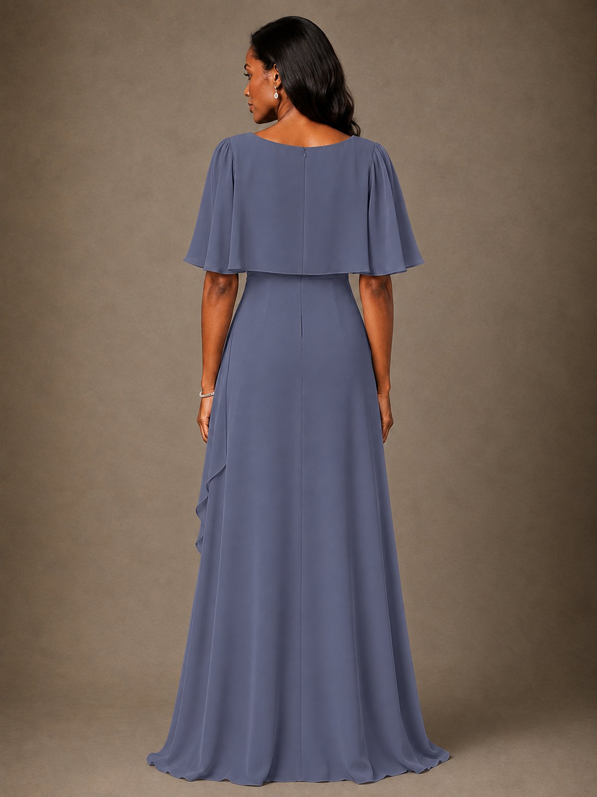 Taupe Chiffon A-Line Mother of the Bride Dress with Cape Sleeves
