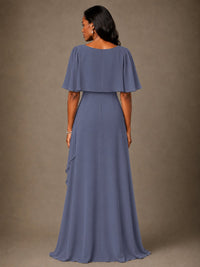 Taupe Chiffon A-Line Mother of the Bride Dress with Cape Sleeves
