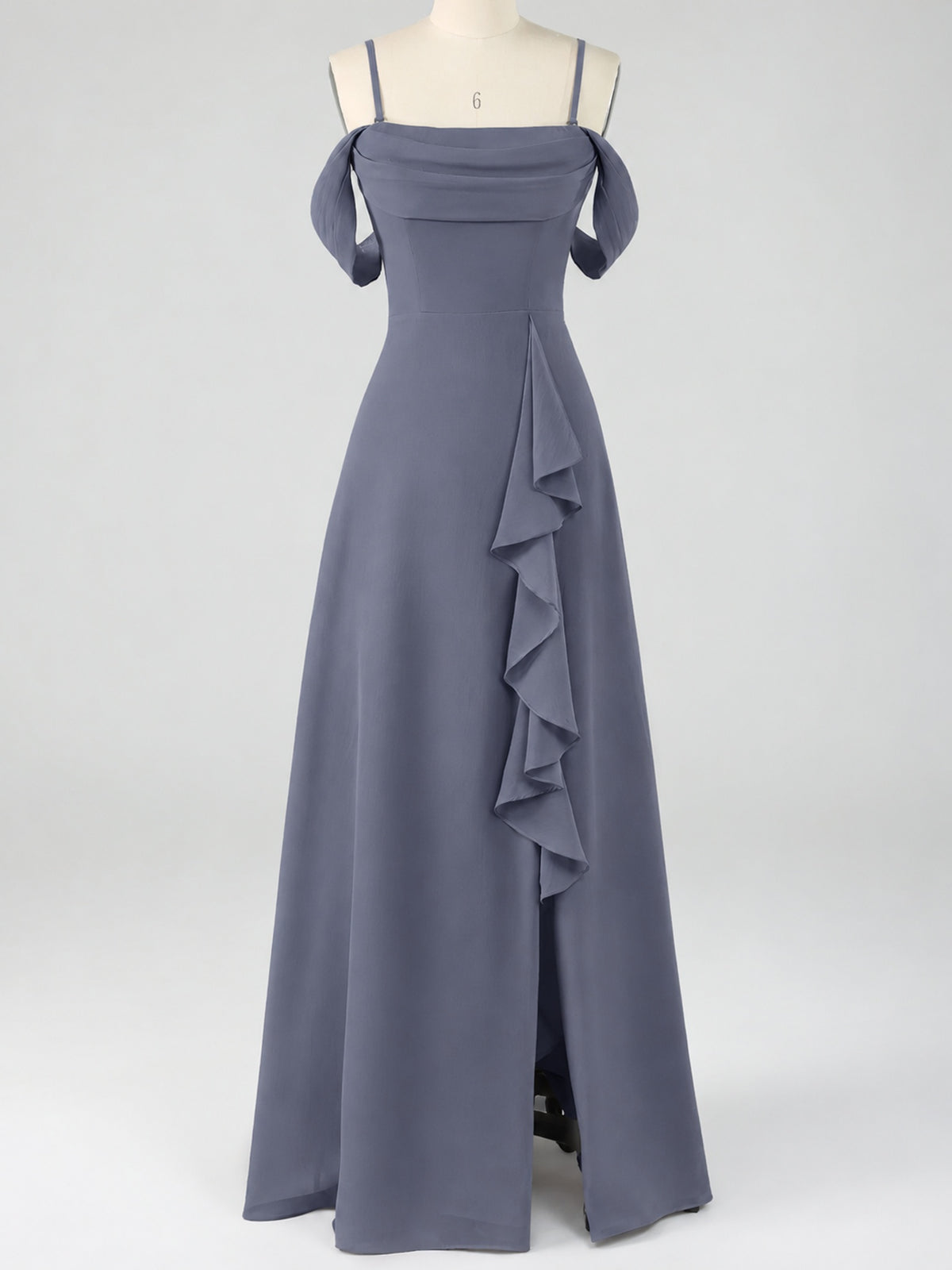 Spaghetti Strap Chiffon Bridesmaid Dress with Ruffles Slit