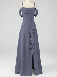 Spaghetti Strap Chiffon Bridesmaid Dress with Ruffles Slit
