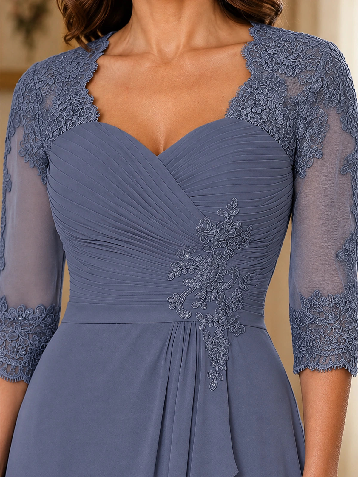 Chiffon Lace Applique Mother of the Bride Dress with 3/4 Sleeves