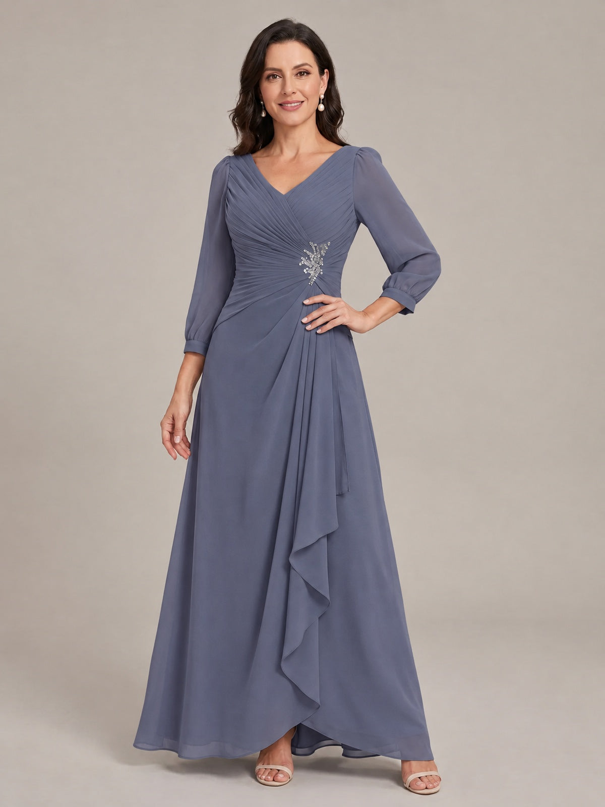 V-Neck Pleated Chiffon Mother of the Bride Dress with Flutter Sleeves