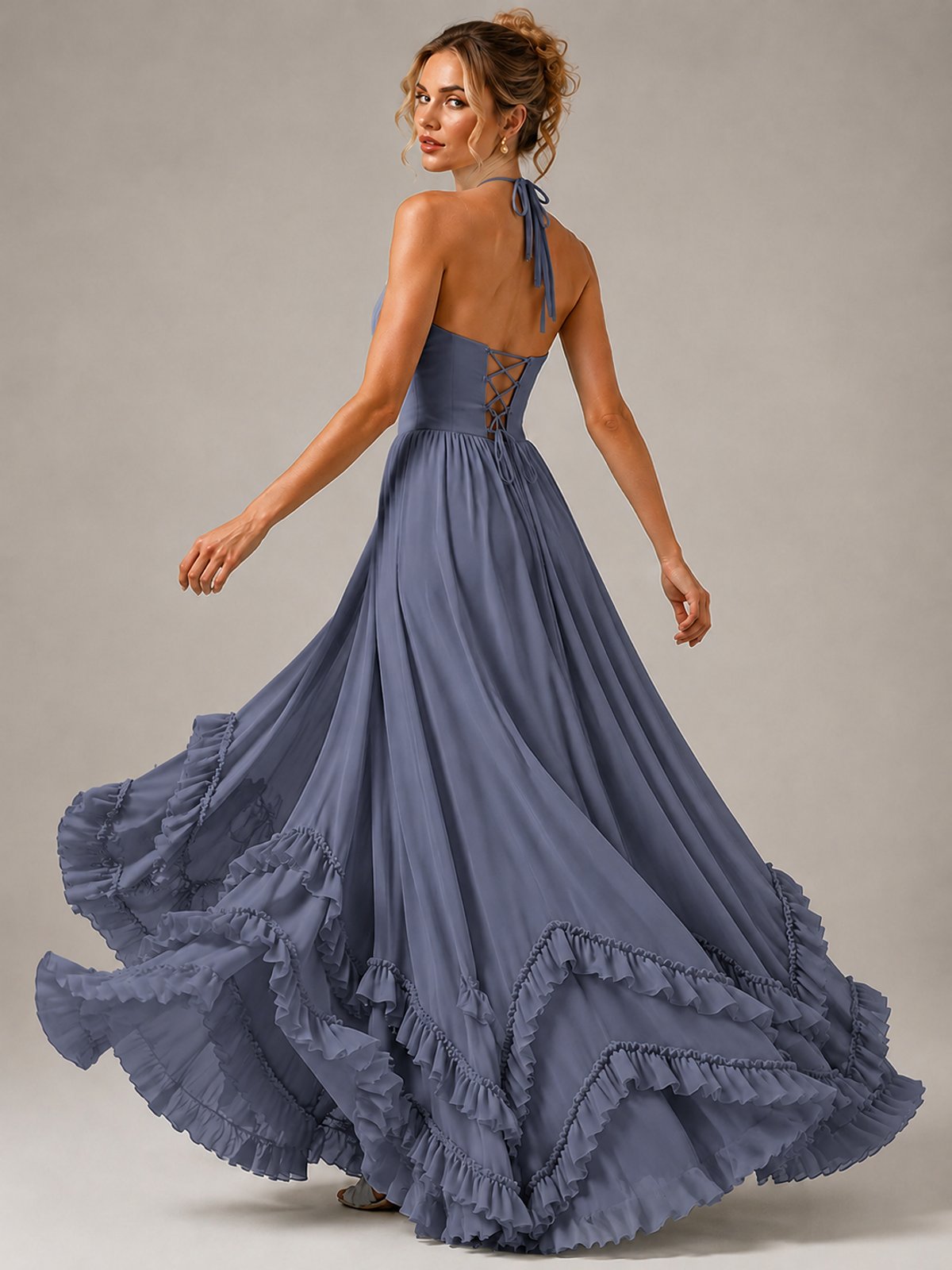Halter V Neck Chiffon Formal Dress with Lace-Up Back and Ruffle Hem