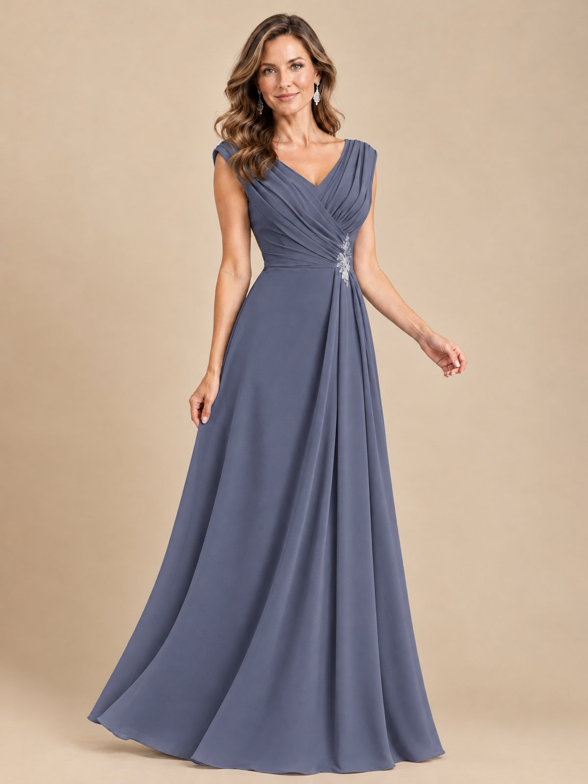 V Neck Pleated Mother of The Bride Dresses with Beading Cap Sleeves
