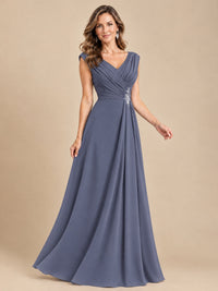 V Neck Pleated Mother of The Bride Dresses with Beading Cap Sleeves