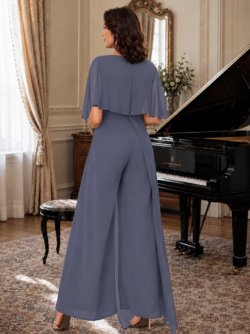 Chiffon Mother of the Bride Jumpsuit with Layered Cape Sleeves