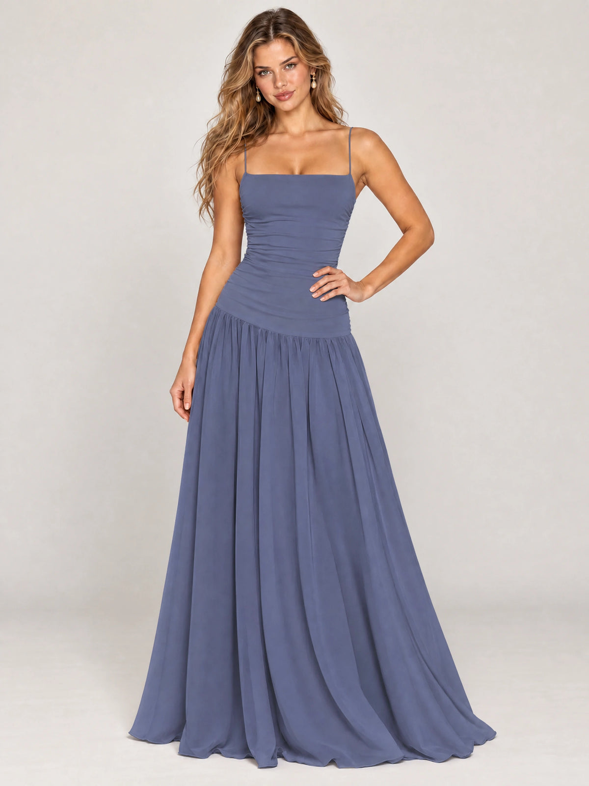 Butter Yellow Ruched Spaghetti Strap Drop-Waist Prom Dress