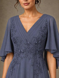 V-Neck Chiffon Lace Mother of the Bride Dress with Flutter Sleeves