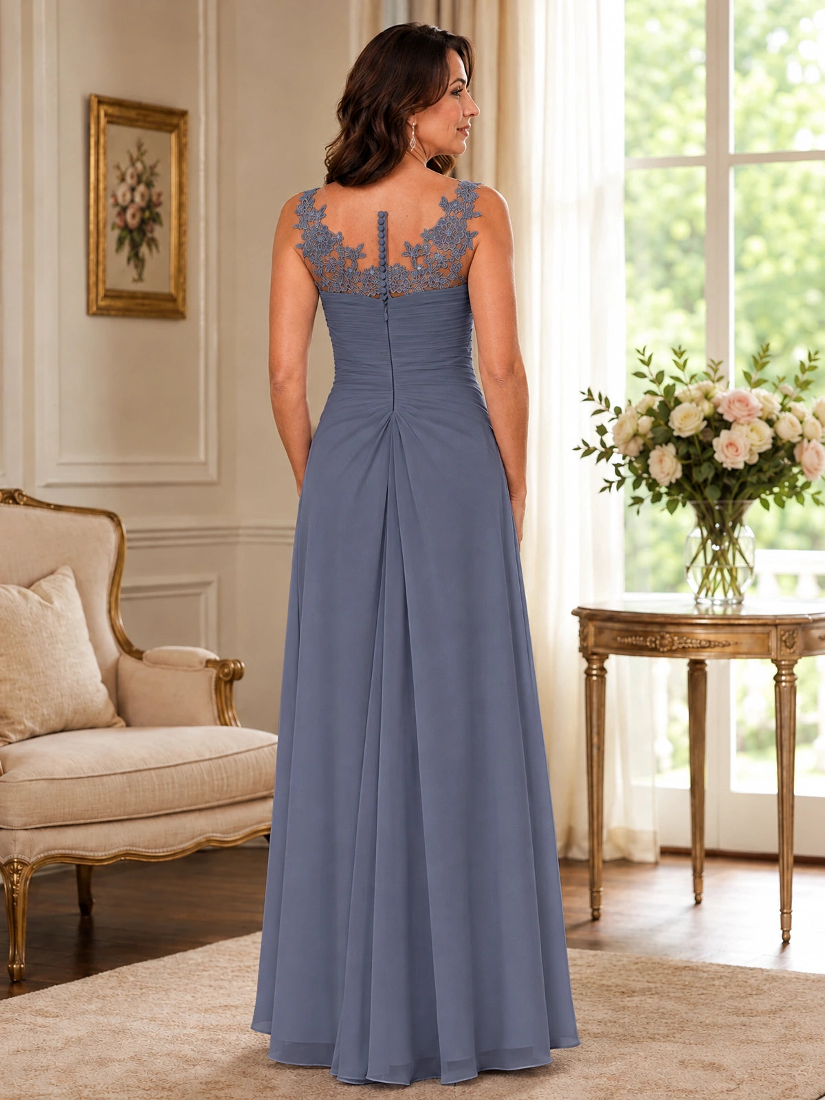 Elegant Chiffon Mother of the Bride Dress with Lace Applique and Cape Sleeves