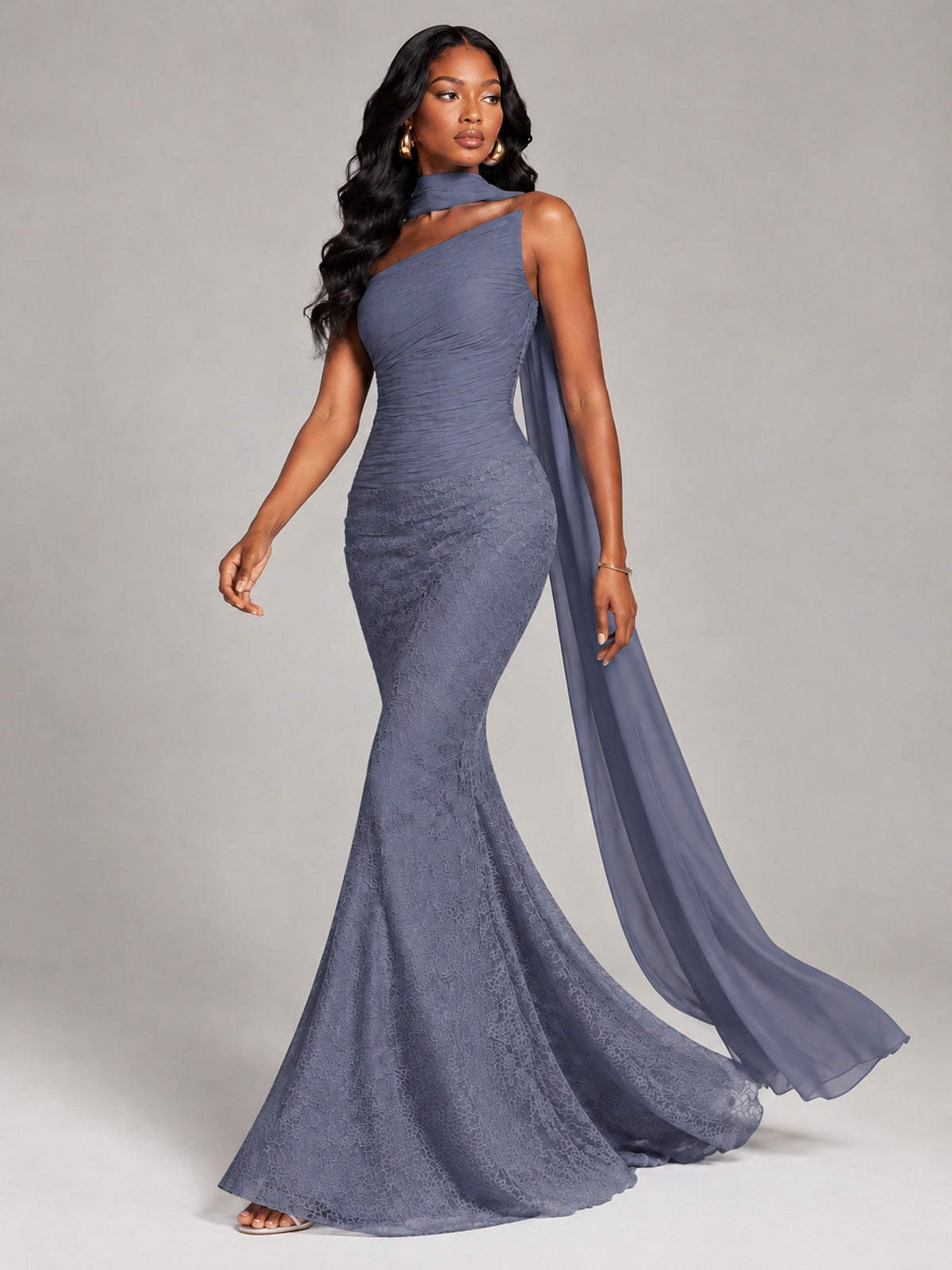 Pleated Chiffon Lace Prom Dresses Long Bodycon Mermaid with Scarf