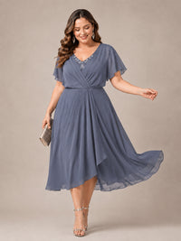 Navy Blue A-Line V-Neck Tea-Length Mother of the Bride Dress